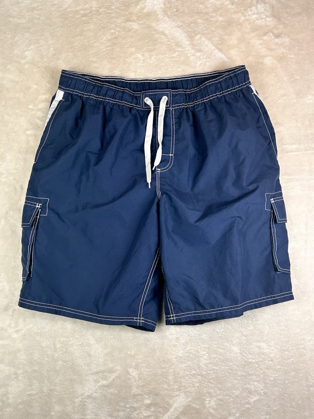 Kanu Surf Cargo Board Shorts Mens XXL Blue White Stripe Mesh Lined Swim Trunks